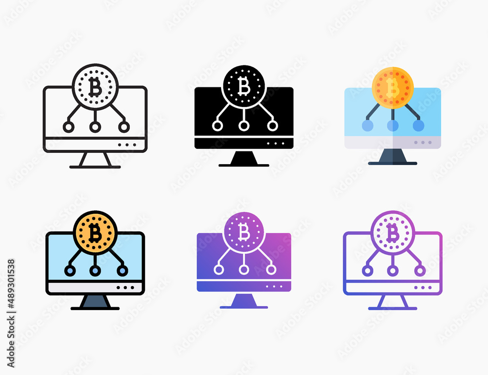Computer with monitor bitcoin icon set with different styles. Style line, outline, flat, glyph, color, gradient. Editable stroke and pixel perfect. Computer with monitor bitcoin icon set with different styles. Style line, outline, flat, glyph, color, gradient. Editable stroke and pixel perfect.