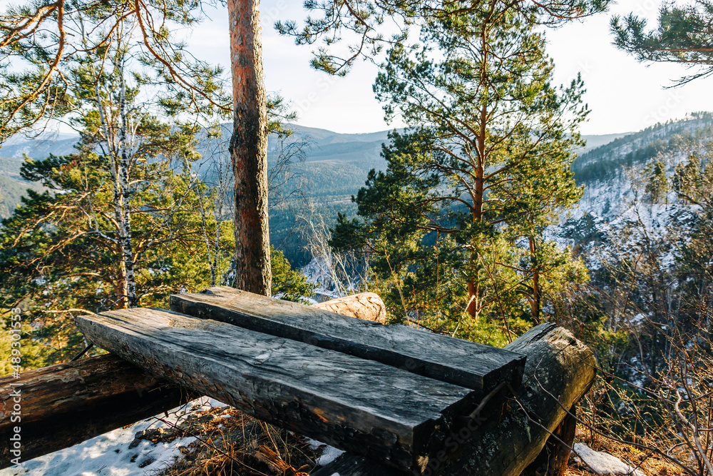 View of a picnic area with an old log table View of a picnic area with an old log table