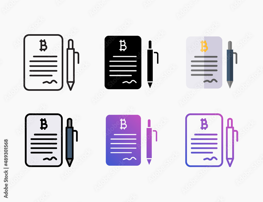Contract bitcoin paper pen signature icon set with different styles. Style line, outline, flat, glyph, color, gradient. Editable stroke and pixel perfect.and more. Contract bitcoin paper pen signature icon set with different styles. Style line, outline, flat, glyph, color, gradient. Editable stroke and pixel perfect.and more.