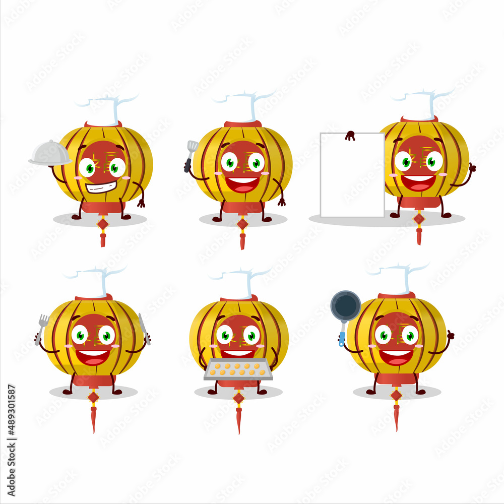 Cartoon character of yellow chinese lamp with various chef emoticons