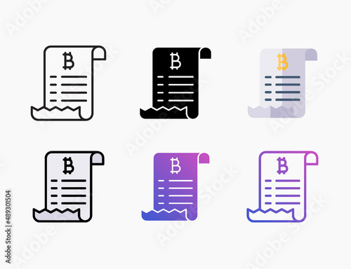 Bill receipt bitcoin transaction icon set with different styles. Style line, outline, flat, glyph, color, gradient. Editable stroke and pixel perfect. © Iftachul