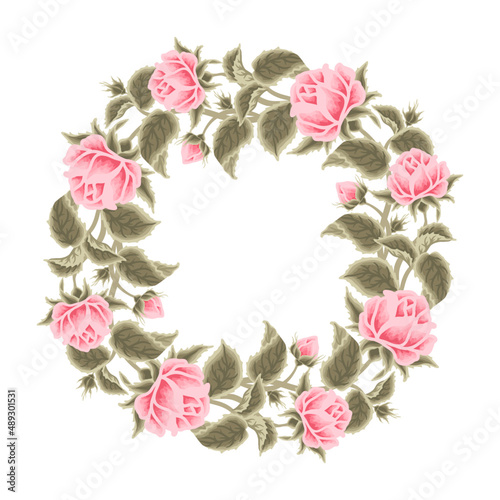 Fototapeta Naklejka Na Ścianę i Meble -  Vintage hand drawn wedding rose flower frame wreath vector illustration with leaf branch and floral bud