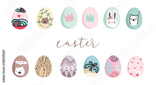 Cute cartoon style  easter egg decorated . Pastel color for easter eggs. Happy eater.
