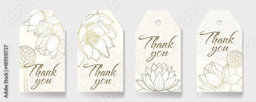 Background templates with lotus flowers and curly mandalas for thank you tags, wedding tags, birthday tags, labels, printable.