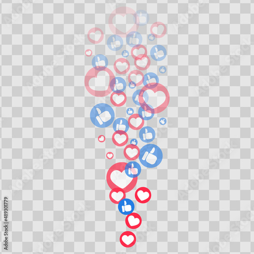 Likes hearts and thumbs flying up for stories and live streams. Like and thumbs icons for social media ui. Vector illlustration isolated in transparent background