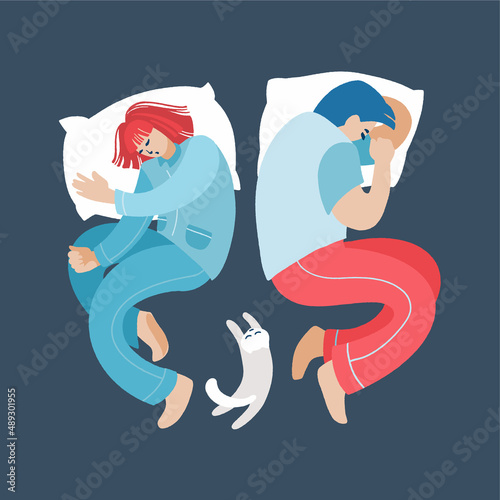 Man and woman sleeping. Young couple nap on pillows in their bed with a cozy cat.