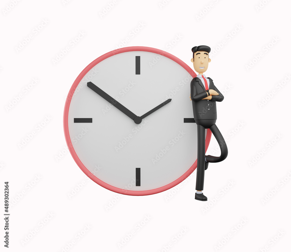 3d bussiness man character leaning on the clock isolated on white background .3d render illustration 3d bussiness man character leaning on the clock isolated on white background .3d render illustration