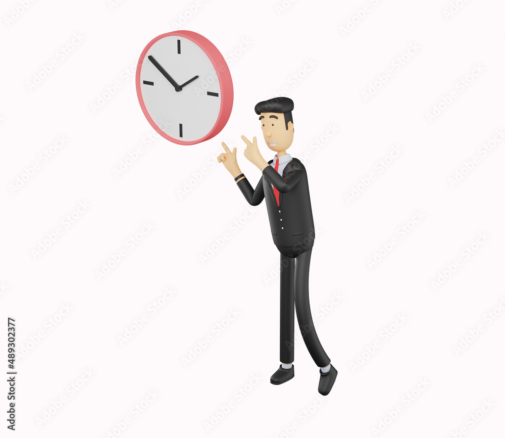 3d bussiness man character pointing at the clock isolated on white background .3d render illustration 3d bussiness man character pointing at the clock isolated on white background .3d render illustration