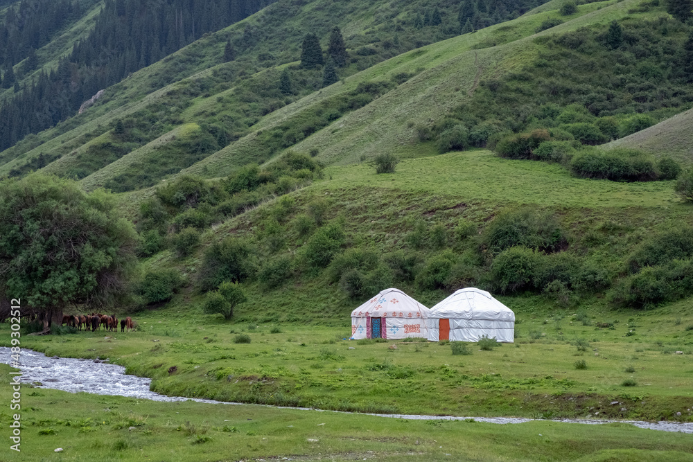 Kazakh traditional yurt in green mountains with grazing horses near and river. Nature, landscape house.