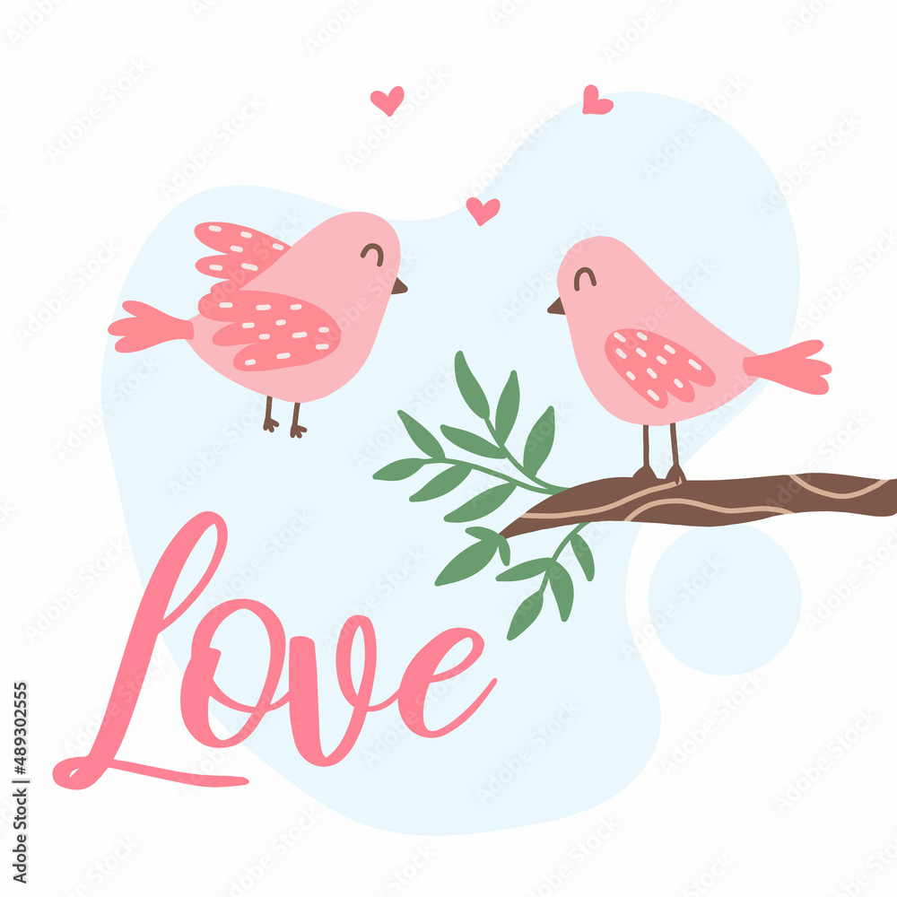 Cute illustration of two birds in love. Spring postcard. Love. Cute pink bird on a branch. Vector greeting card in a hand-drawn style.