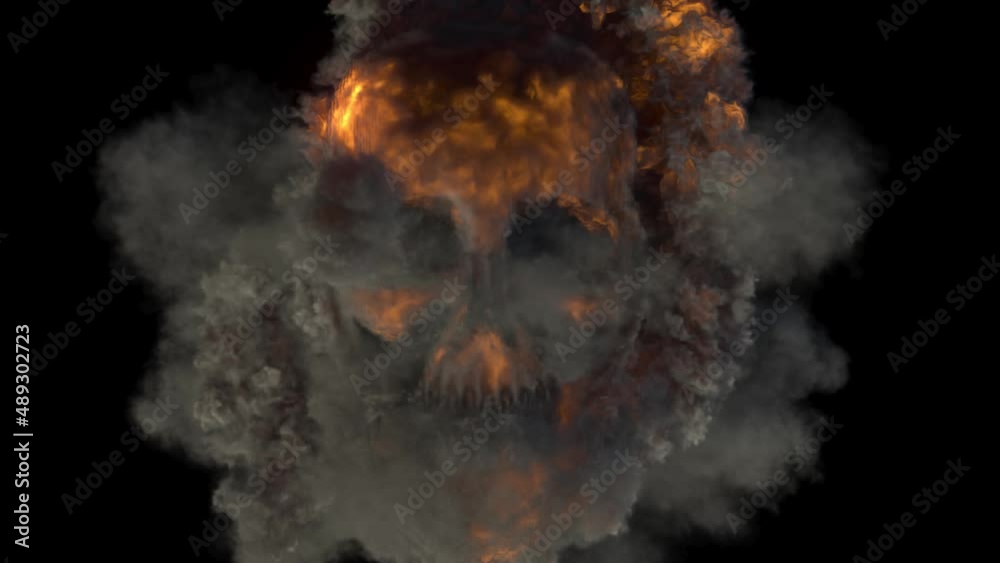 A terrifying, haunting ghost fire skull floats out of an explosion. Unleash the fire and smoke and fade the fire.3D Rendering.