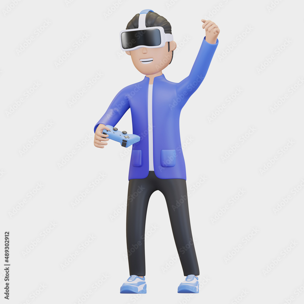 man playing game with virtual reality headset and joystick cartoon illustration 3d render man playing game with virtual reality headset and joystick cartoon illustration 3d render