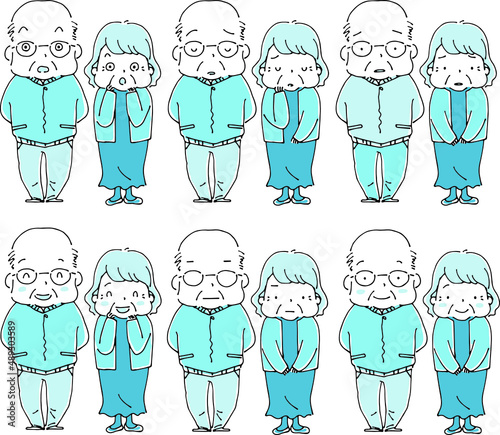 いろいろな表情のおじいさんとおばあさんの全身