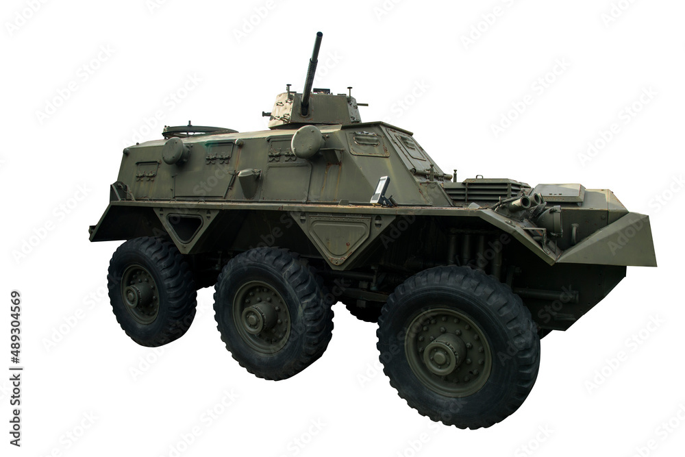 Fototapeta premium Old armored personnel carrier on a unified platform battle isolated on a white background.
