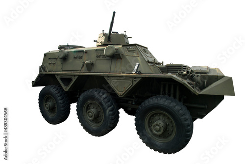 Old armored personnel carrier on a unified platform battle isolated on a white background.