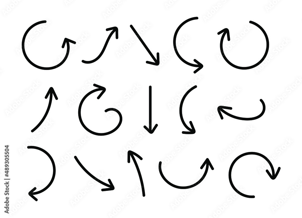 Sketch hand drawn black curve abstract line arrows icon design set collection vector. Pointer direction sketch symbol. Sketch hand drawn black curve abstract line arrows icon design set collection vector. Pointer direction sketch symbol.