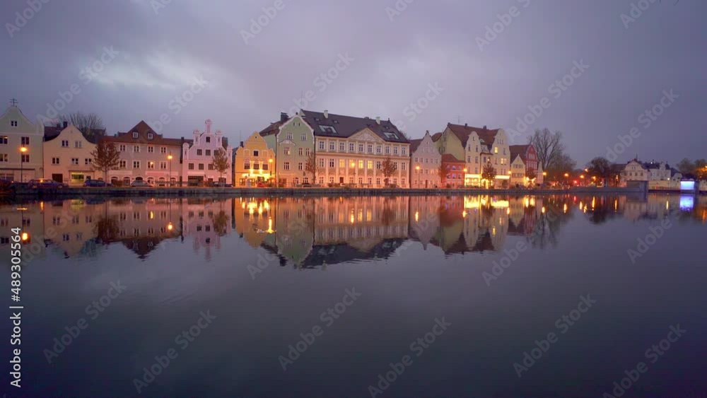 Landshut city river view at night. Bavaria, Germany
