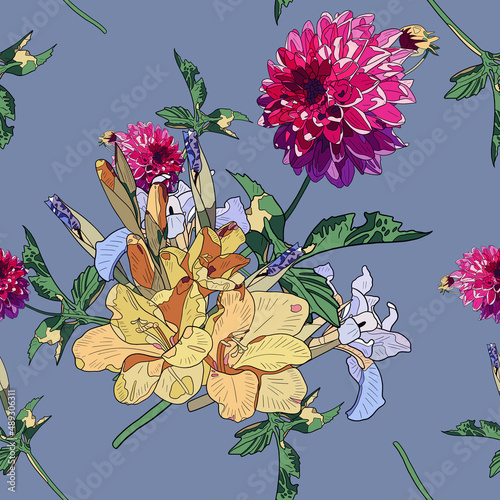 Floral seamless pattern. Yellow gladiolus flowers, pink dahlias and blue irises on a blue background.