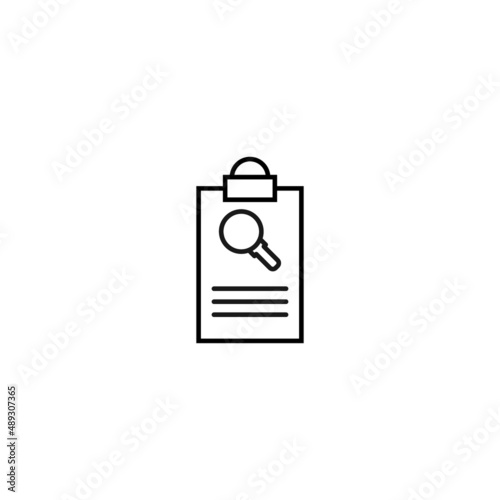 Document on clipboard sign. Vector outline symbol in flat style. Suitable for web sites, banners, books, advertisements etc. Line icon of magnifying glass on clipboard