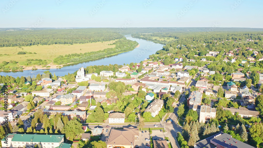 Beautiful summer aerial footage of the Oka river, Tarusa, forests, rivers and fields Russia