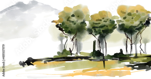 Watercolour style background of a mountain landscape