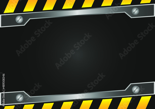Modern black and yellow warning diagonal striped line metal background template. Construction safety sign banner