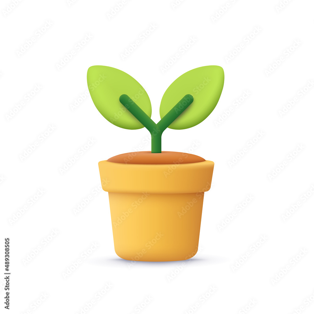 Flower, plant with leaves in pot. Gardening concept. 3d vector icon. Cartoon minimal style. Flower, plant with leaves in pot. Gardening concept. 3d vector icon. Cartoon minimal style.
