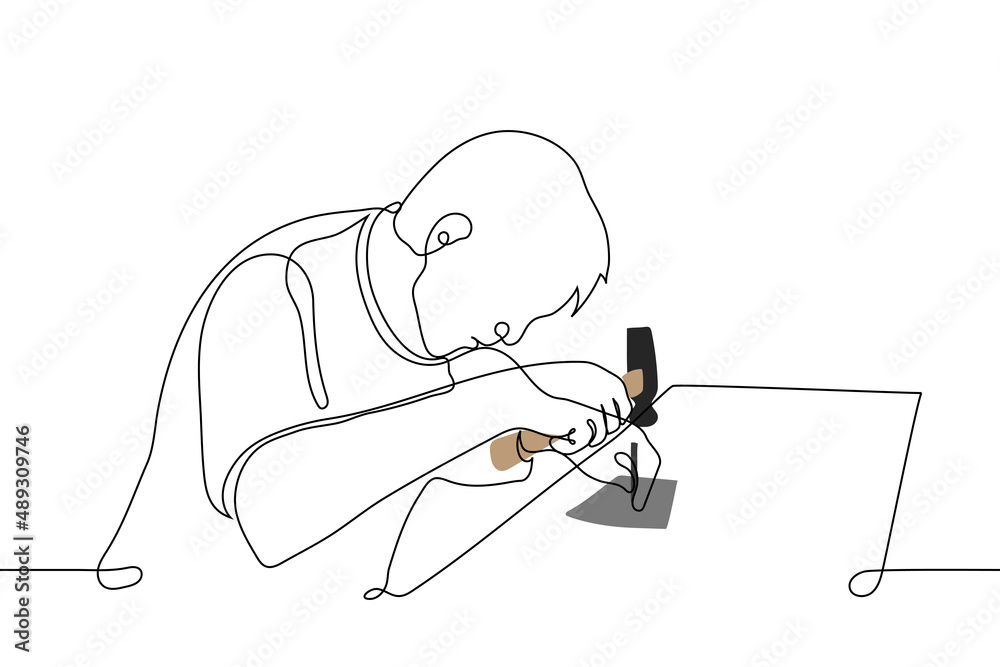 male craftsman knocks with hammer on rod standing on piece of material - one line drawing vector. concept businessman artisan in the process of making handmade goods, making clothes or shoes by hand - obrazy, fototapety, plakaty 