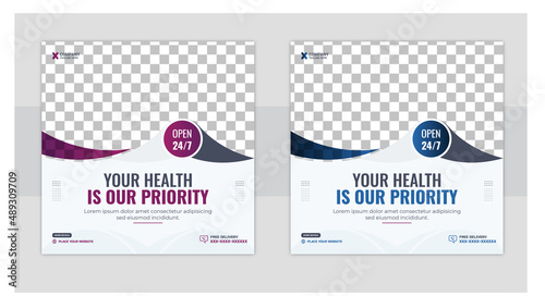 Healthcare post template. Medical promotion square web banner. Set of medical healthcare center social media post template. web banner advertising.