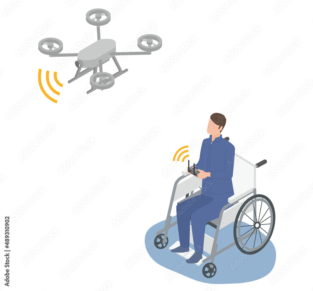 Fototapeta premium ドローンを操作する車椅子の男性のアイソメイラスト