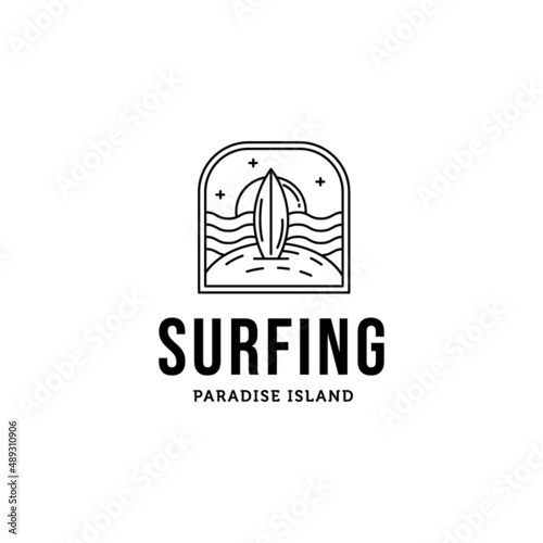 line art beach moonlight star minimalist logo vector illustration design, surfing logo design