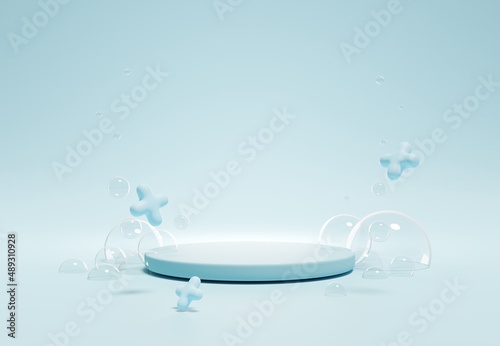 3D of  blue empty round podium with bubbles foam for baby cleaning products.