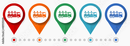 Truck, garden tranport concept vector icon set, flat design agriculture pointers, infographic template easy to edit