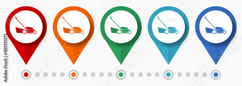 Lawn mower concept vector icon set, flat design lawnmower pointers, infographic template easy to edit