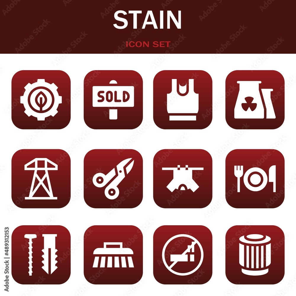 stain icon set. Vector thin line illustrations related with Green energy, Sold and Clothes