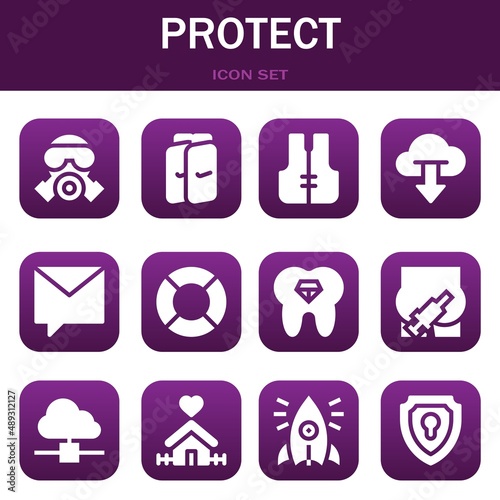 protect icon set. Vector thin line illustrations related with Gas mask, Shin guards and Lifejacket