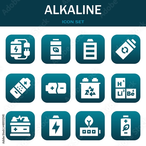 alkaline icon set. Vector thin line illustrations related with Battery, Battery and Full battery