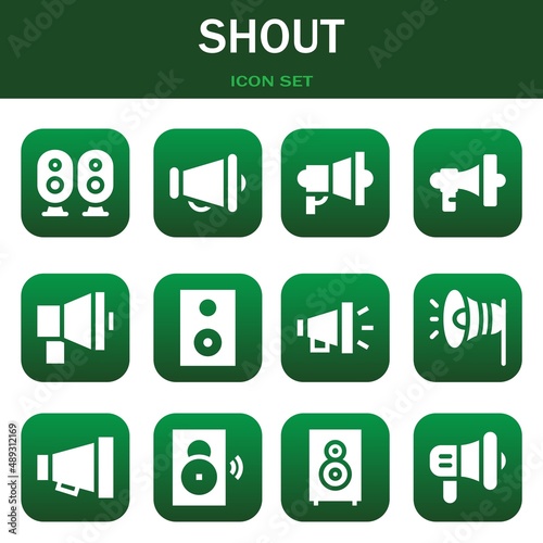 shout icon set. Vector thin line illustrations related with Loudspeaker, Megaphone and Megaphone