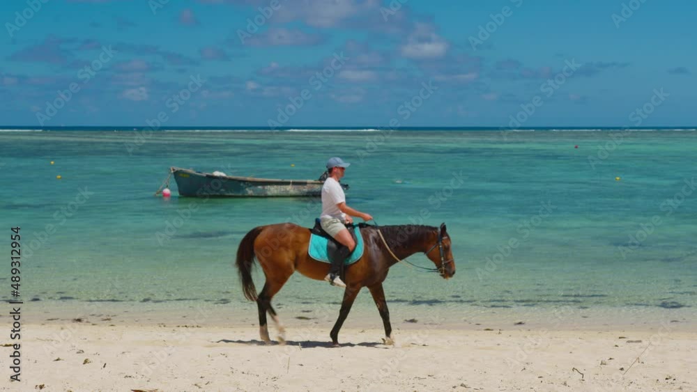 Man riding horse on the beach. Slow motion video. Sport and travel concepts Man riding horse on the beach. Slow motion video. Sport and travel concepts