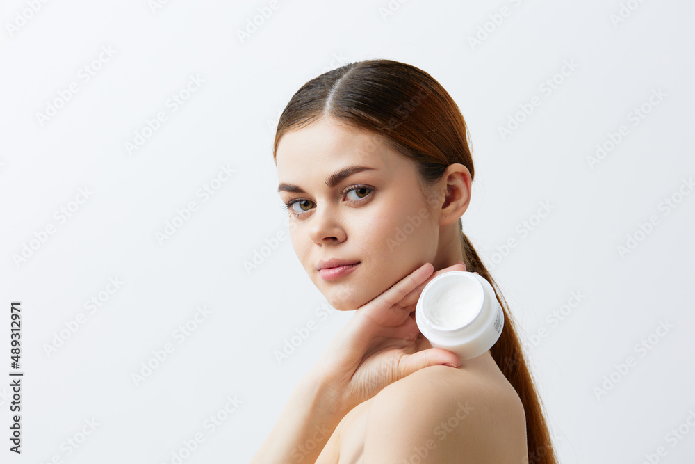beautiful woman body cream posing clean skin care attractive look light background beautiful woman body cream posing clean skin care attractive look light background