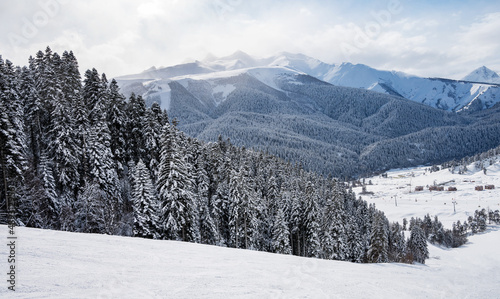 Beautiful landscape of the Arkhyz ski resort with mountains, snow, forest and track on a sunny winter day. Caucasus Mountains, Russia