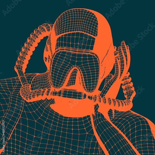 Monochrome silhouette of diver. Mesh grid texture