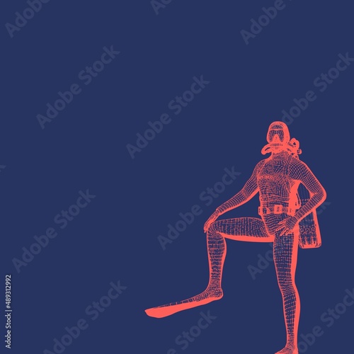 Monochrome silhouette of diver. Mesh grid texture