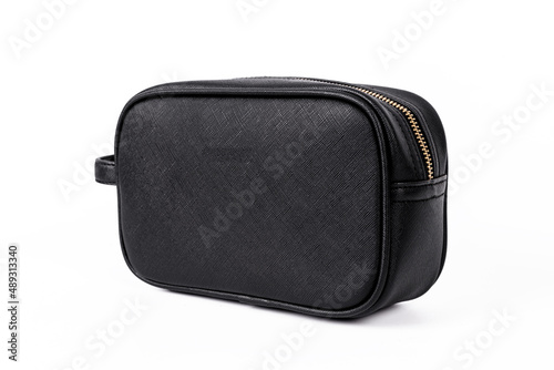 A black leather bag on a white background