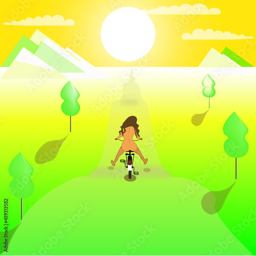 Illustration of a naked girl on a bicycle among the field rides in the mountains and the sun