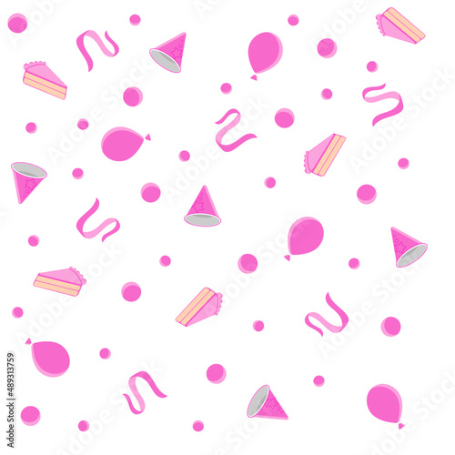Motivo con pasteles, serpentinas, gorros, globos y confeti en tonalidades rosa