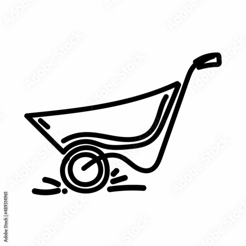 A garden wheelbarrow, a hand-drawn doodle-style element. Wheelbarrow for transporting the earth. Simple vector in linear style for logo, icons and emblem - tool for garden handling, heavy transport.