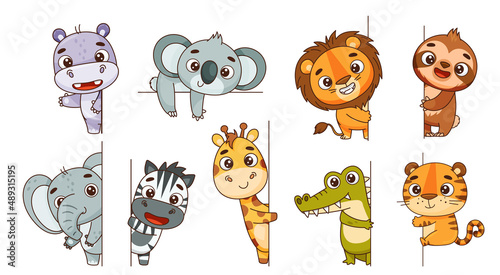 Set kids tropical animals peeking from the side. Hippo, lion, elephant, giraffe, crocodile, zebra, sloth, tiger, koala. Vector illustration for designs, prints, patterns. Isolated on white background © EnyaLis