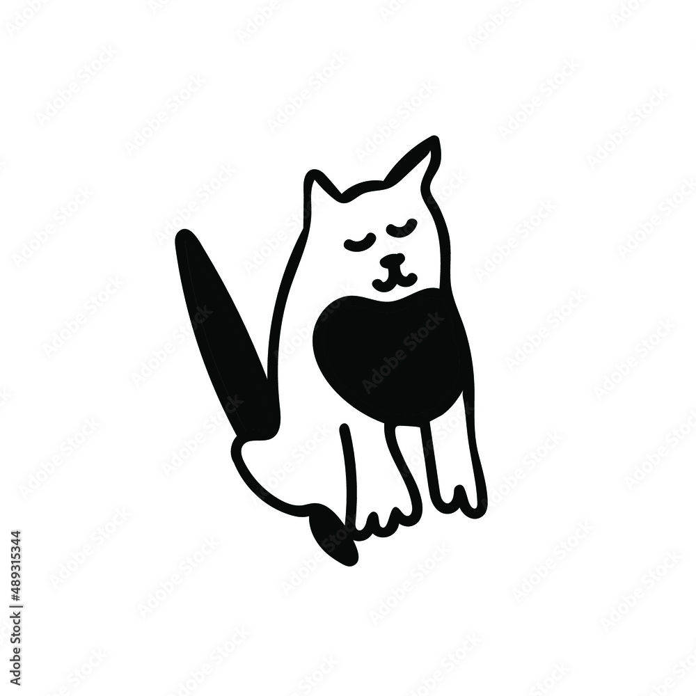Vector simple black line cat illustration for Easter hand drawn. Single spring holiday animal picture in doodle style. Design for stickers, social media, cards, packaging, printing.