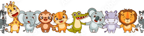 Seamless border kids tropical animals hold hands. Hippo, lion, elephant, giraffe, crocodile, zebra, sloth, tiger, koala. Vector illustration for designs, prints, patterns. Isolated on white background